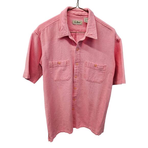 LL Bean Pink Cotton Woven Short Sleeve Button Up Shirt Men's Size Large - Picture 1 of 8